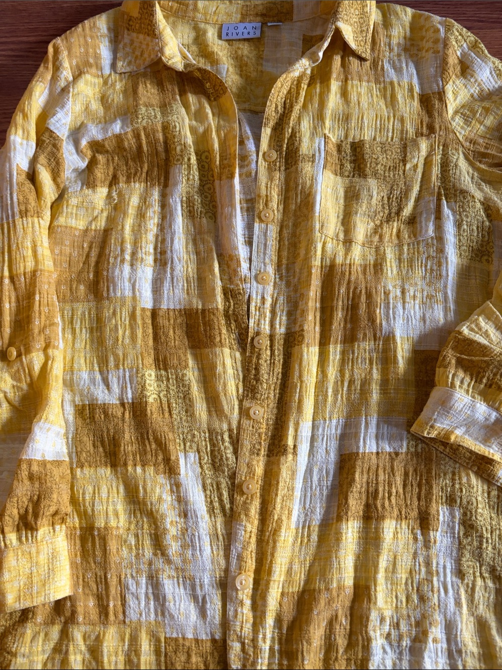 Joan Rivers Yellow and White Patchwork Button-Up Shirt